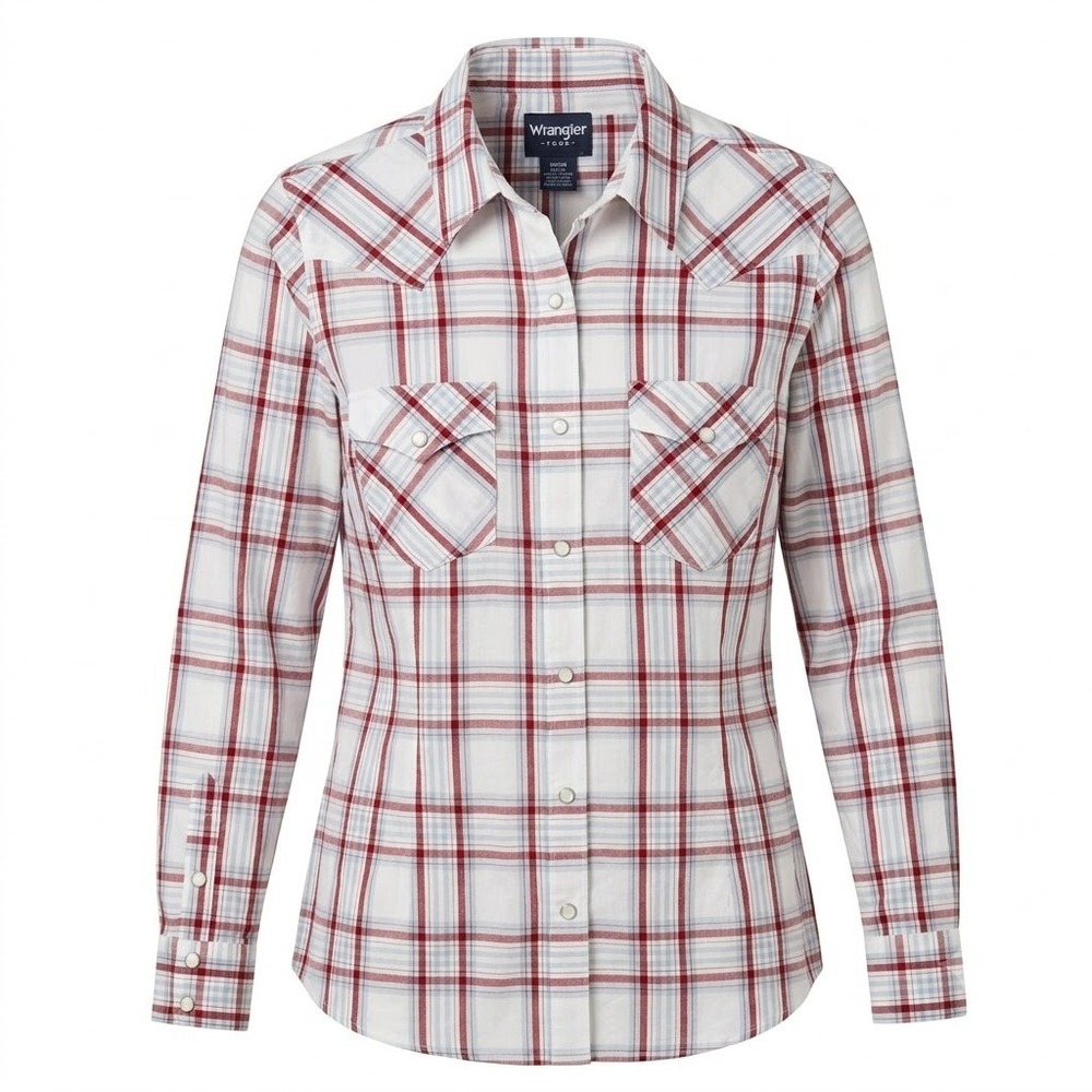 NEW Wrangler Retro Womens Medium White Red Plaid Pearl Snap Western Shirt